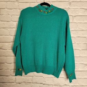 Vintage Teal sweater with jeweled collar and sleeves Size large